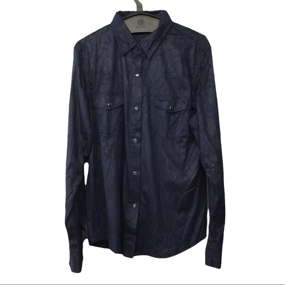 Outback Trading Co Size XL Blue Black Paisley Print Faux Suede Pearlsnap Shirt‎